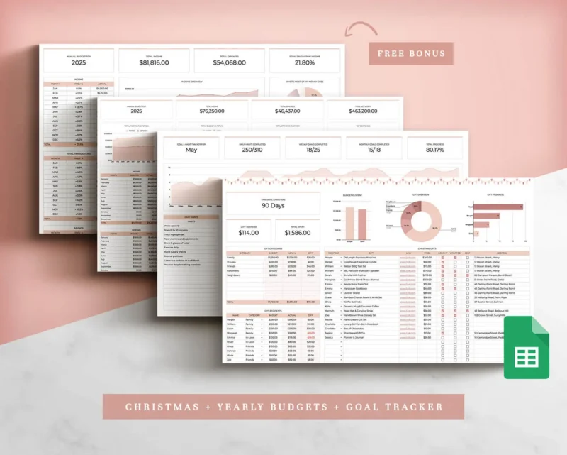 Coplenty Christmas bundle with a Christmas tracker spreadsheet, yearly budget spreadsheets, and a goal and habit tracker