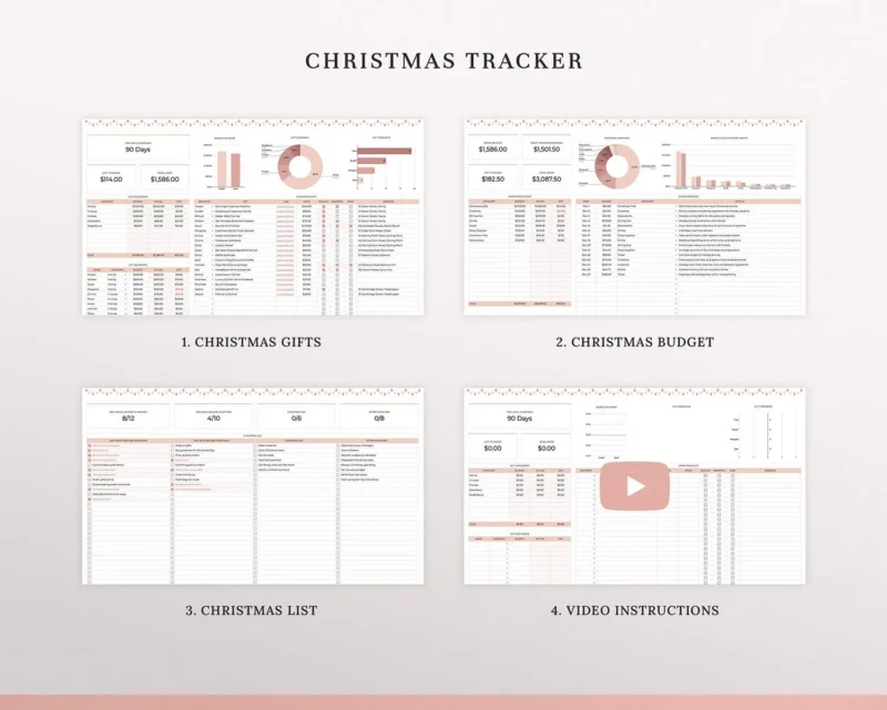 Coplenty Christmas tracker spreadsheet with four parts: gifts, budget, to-do list, and video instructions